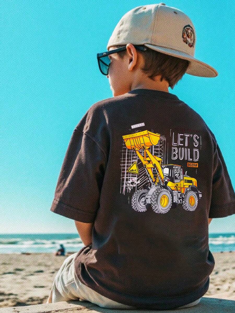 Cool Excavator Letter Boys T-Shirt - 100% Polyester Construction Graphic Tee | Digger Truck Alphabet Print Short Sleeve Top, Edgy Casual Shirt For Young Boys - 黑色 - 查看 1