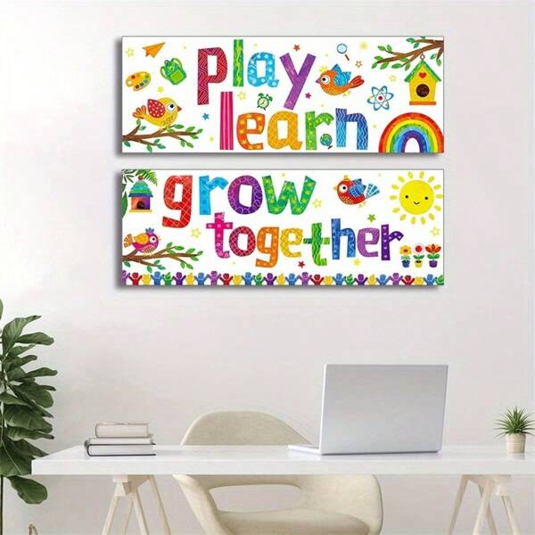 2pcs Classroom Growth Together Wall Sticker Poster: Colorful Motivational Stickers For School And Classroom - Teacher Resources, Young Student Use, Funny Illustrations, PVC Self-Adhesive Material, School Supplies,Back To School