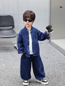 2 件套幼儿/小男孩宽松纯色牛仔夹克和裤子套装，适合日常、上学、户外、休闲装、秋季