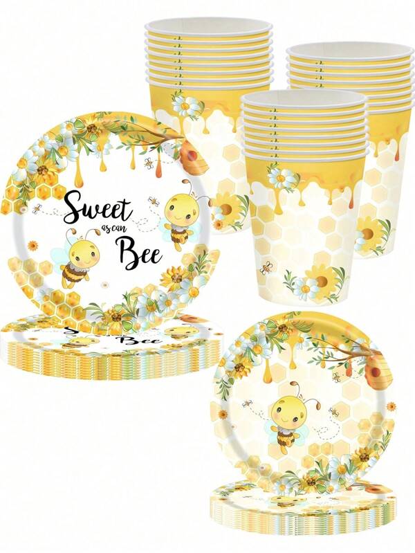 30pcs Bee Party Tableware Decorations - Honeycomb Party Supplies Including Plates, Cups, Cutlery, Suitable For 10 Guests, Ideal For Bee Baby Birthday Party
