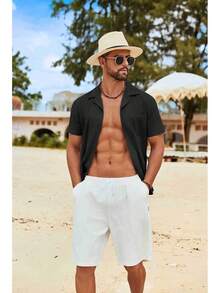 Mens Cotton Linen Shirt Casual Button Down Short Sleeve Shirts Summer Cuban Vacation Beach Shirts With Pockethalloween - 淺藍色 - 查看 5