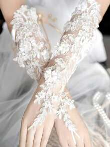 1 Pair White Bridal Finger Loop Gloves, Suitable For Wedding, Party, Evening Dress Accessory (Rhinestone Decor Random) Autumn Accessories