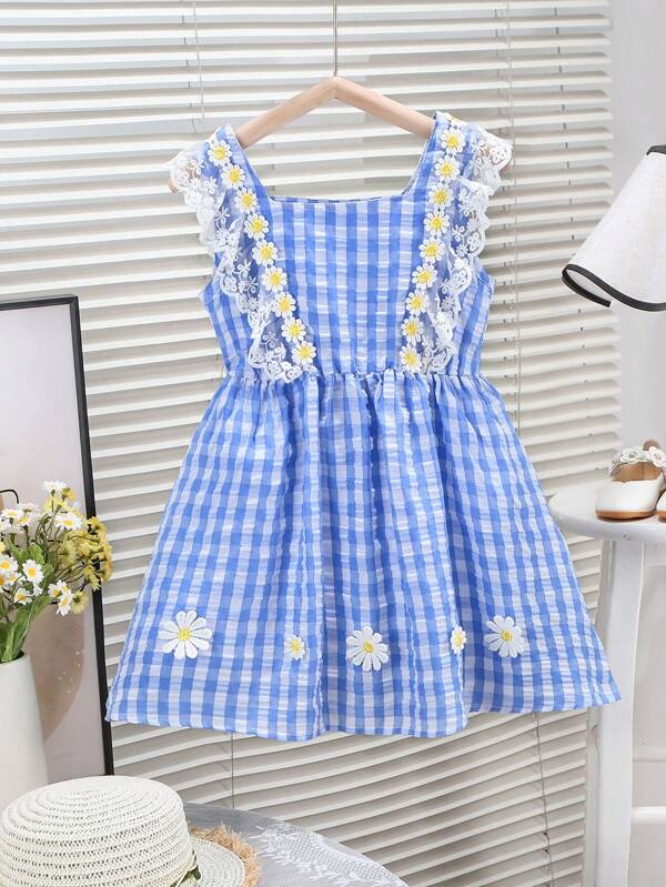 Young Girl Blue Plaid Lace Trim Daisy Decor Dress