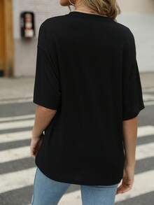 Versatile Loose Cherry & Letter Print Round Neck Short Sleeve T-Shirt, Summer - Black - View 2