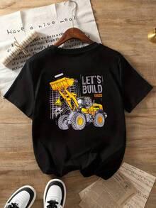 Cool Excavator Letter Boys T-Shirt - 100% Polyester Construction Graphic Tee | Digger Truck Alphabet Print Short Sleeve Top, Edgy Casual Shirt For Young Boys - 黑色 - 查看 2