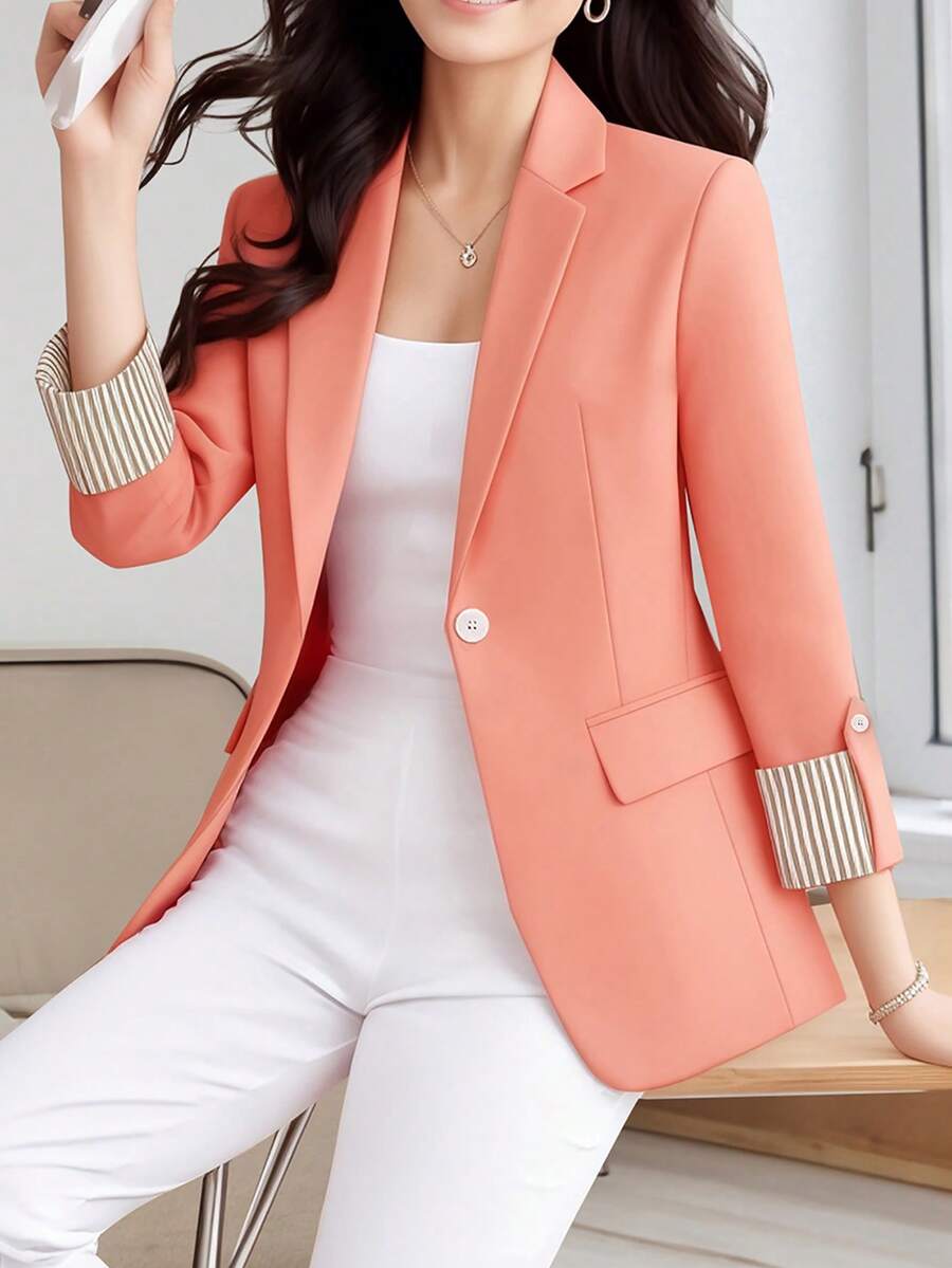 HOMEYEE Women's Retro Elegant Casual Lapel Collar Colorblock Striped 3/4 Sleeve Blazer Jacket, Suitable For Spring, Summer, Autumn Seasons, Professional, Work, Holiday - Hồng - Xem 1