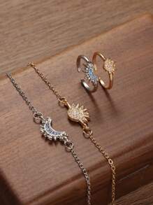 2 piezas Conjunto de joyería apilable Sol y Luna, Pulsera, Collar y Anillo decorados con Rhinestones de Sol y Luna, Diseño único adecuado como regalo para maestros, compañeros de clase