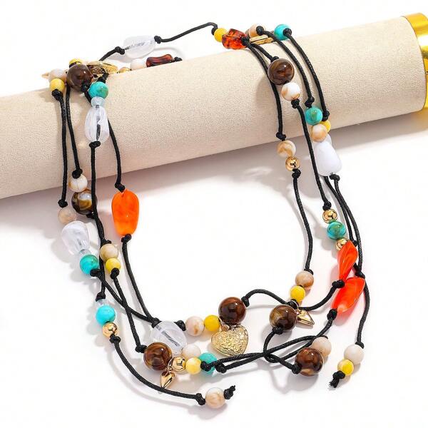 1pc Boho Chic Colorful Handmade Beaded Pendant Necklace, Women Long Necklace With Asymmetrical Multi-Element Pendants, Suitable For Party, Banquet, Daily Casual Wear, Assorted Shapes, Sizes And Materials(Pendant Placement Random)
