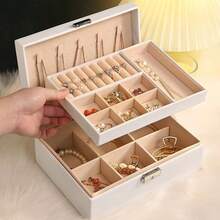 1pc White Luxury PU Leather Multifunctional Jewelry Storage Box With Secure Lock And Reliable Soft Cushion Drawer, Velvet Lined Travel Case, Large Capacity Multi Compartment Design, Suitable For Rings, Earrings, Necklaces And Bracelets - Elegant Black And Pink Home Decoration Jewelry Gift Box, Perfect Gift For Valentine's Day, Christmas, Mother's Day, Thanksgiving, Exquisite Design, Keychain Closure Jewelry Box, Fashionable Storage, Durable Structure, Exclusive To Fashion Enthusiasts - 白色 - 查看 8