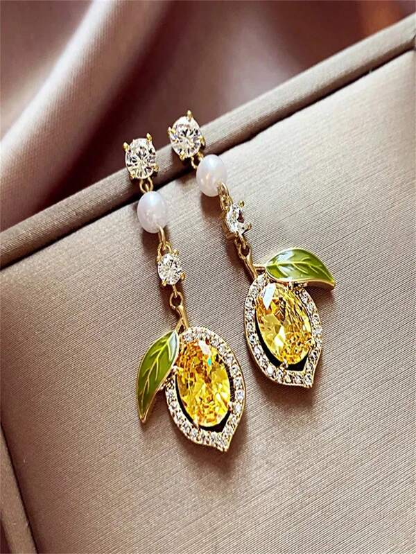 1 Pair Rhinestone Lemon Fruit Designed Luxury Elegant Long Earrings, Delicate Jewelry Accessory For Women, Suitable For Daily Casual Wear