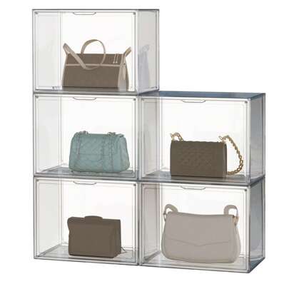 Acrylic Purse Organizer With Magnetic Lids - Stackable Clear Handbag Storage For Closet, 5-Pack Display Case Organizes Designer Bags, Wallets, Clutches & Collectible Dolls