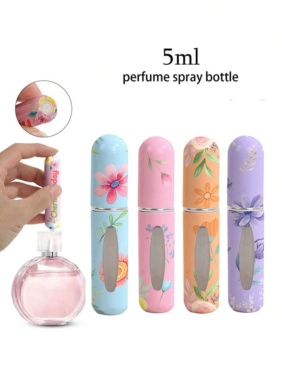 1/4 件套夏季花朵图案化妆品瓶，可爱 Ins 5ml 旅行便携式底部香水灌装喷雾瓶，可重复使用的香水分配工具，多种图案可供选择，适用于男性和女性