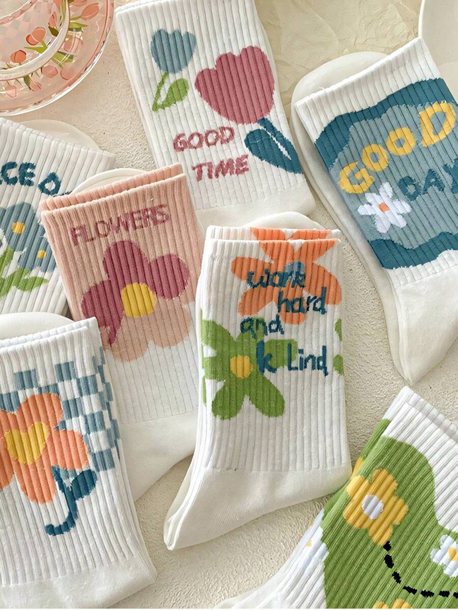 4 Pares Meias de Cano Médio Femininas com Impressão de Flor e Letra, Meias Casuais Sólidas e Fofas com Estampa Fofa, Confortáveis, Macias, Casuais, Esportivas, Versáteis para Viagem, Estilo Minimalista para Uso Diário