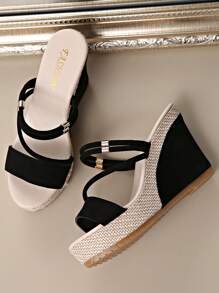 [Elegante | Zapatos de cuña] Zapatos de mujer elegantes negro con tacón grueso | Correa de tobillo, transpirable, adecuado para todas las estaciones, diseño de puntera cuadrada distintivo, sandalias de cuña con suela gruesa a la moda