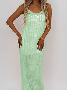 Women's Spring And Summer Hollow Mesh Hook-Knitted Backless Holiday Casual Beach Dress(No Inner Wear) - Mint Green - View 4