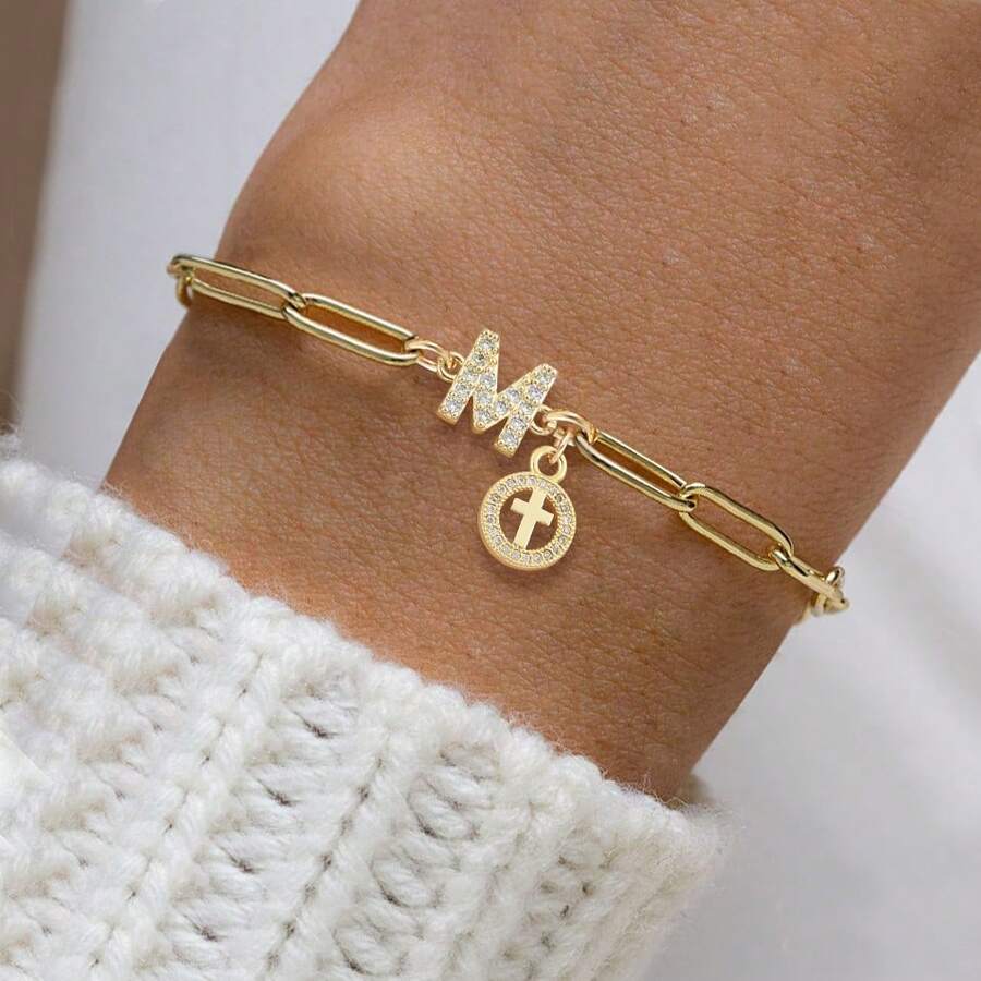1pc Classic Simple Pave Zirconia Initial Round Hollow Cross Pendant Golden Stainless Steel Paper Clip Chain Bracelets For Women - Yellow Gold - View 1