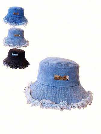 1 件女士破洞牛仔流苏渔夫帽，适合日常生活，可搭配衣服（随机字母）