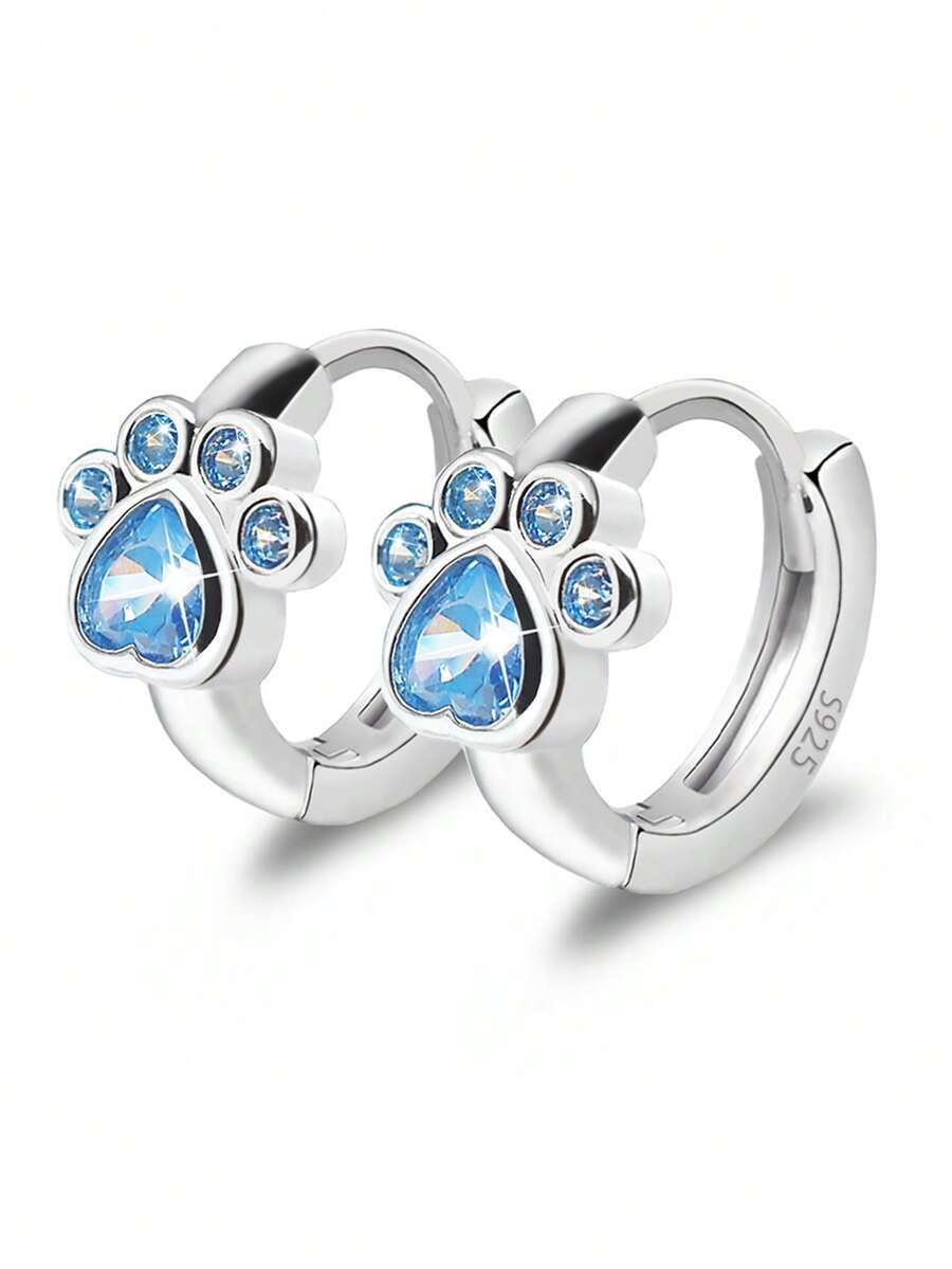 狗爪形 CZ 方晶锆石耳环，可爱动物耳环，适合少女、女士，防过敏，日常佩戴，生日礼物 - 藍色 - 查看 1