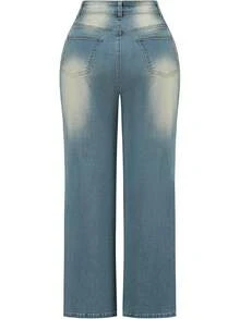 THUNDER Womens High Waisted Wide Leg Jeans Stretchy Distressed Pants - A Blue - View 2