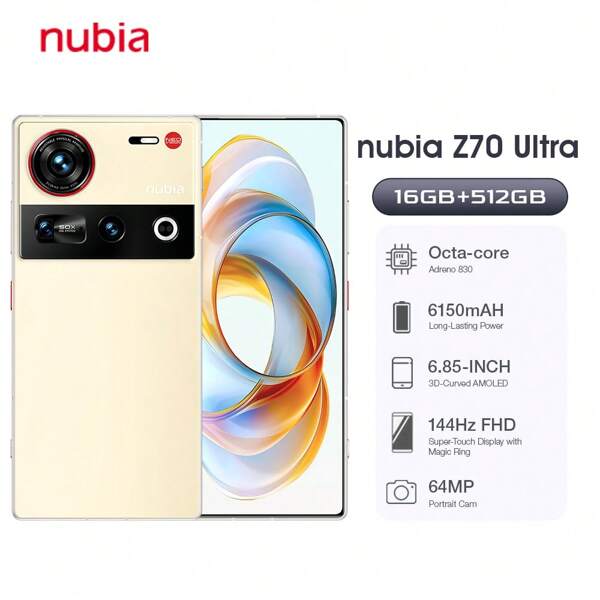 nubia هاتف محمول Nubia Z70 Ultra غير محجوز 16 جيجا بايت + 512 جيجا بايت 5 جي, هاتف ذكي بنظام أندرويد 15 وشريحة Snapdragon® 8E, شاشة AMOLED كاملة 6.85 بوصة بدقة 1.5K، بطارية 6150 ميلي أمبير، كاميرا ثلاثية ، شحن سريع، الإصدار الأوروبي