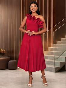 One Shoulder Frill Neck Pleated Dress Party Summer - Red - View 4