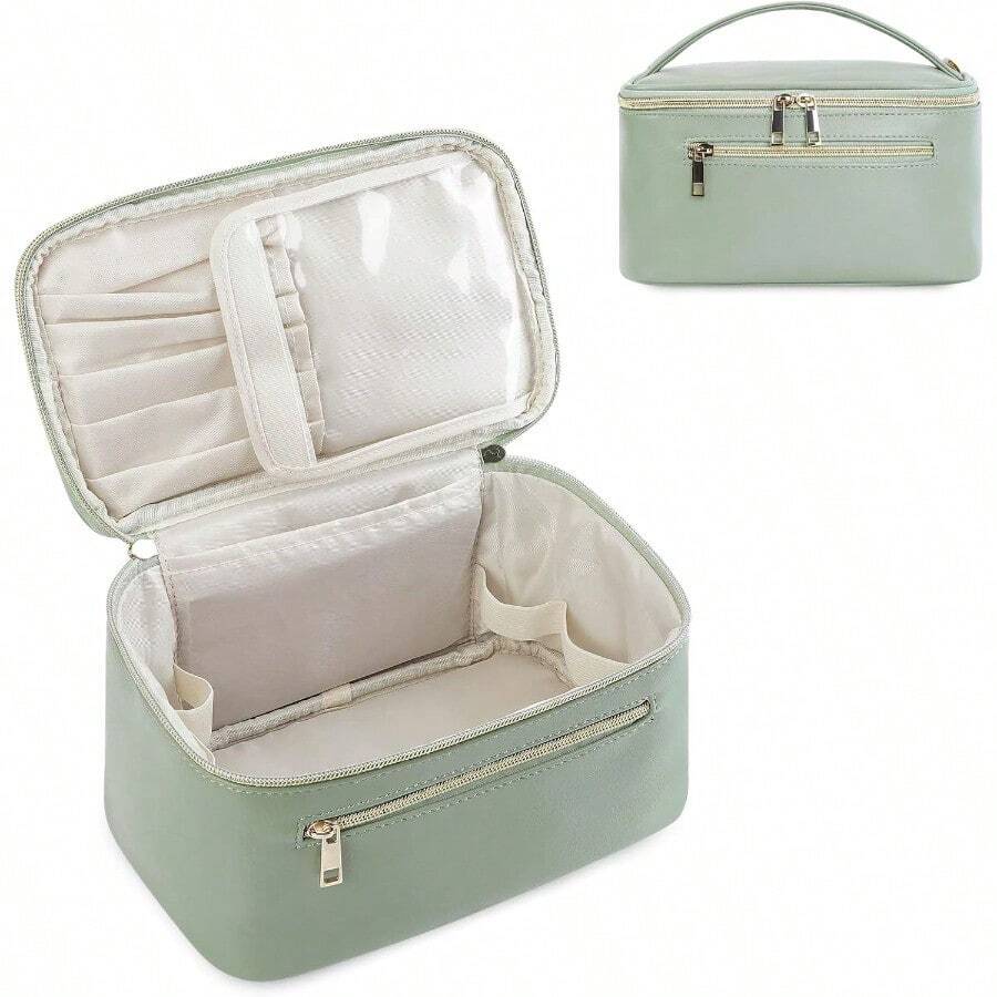 Wandering Nature Akeup Bag Travel Ake Up Organizer Cosetic Brush Bags Case For Woen In Vegan Leather Sage Patent Pending - SageGreenDa - Xem 1