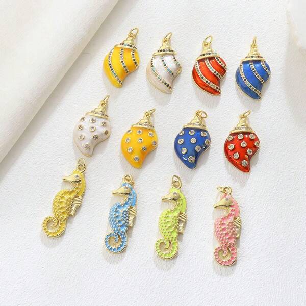 1pc Copper Fashionable Personalized Luxury Sea Shell & Seahorse Shaped Pendant, DIY Bracelet Necklace Earring Phone Chain Keychain, Versatile Jewelry Accessory