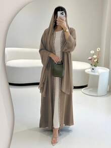 Lace Trim Cardigan Set With Chiffon Scarf - Lightweight, Elegant, Breathable, Suitable For Spring/Summer - Light Brown - View 2