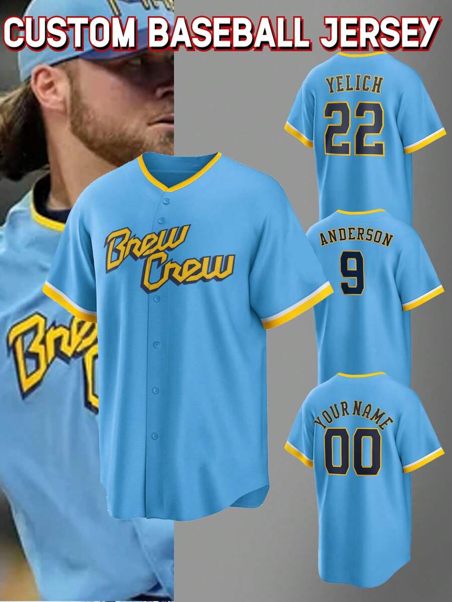 Customized Name & Number Men's Embroidered Baseball Jacket, Milwaukee Blue V-Neck Personalized Button-Down Short Sleeve Shirt, Suitable For Party, Match, Training And Sports, Size S-XXL - Blue - View 1