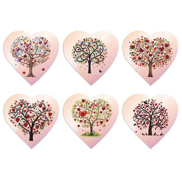Set de 6 kits de pintura de diamantes con patrón de árbol de corazón romántico, expresando los mejores deseos, gran regalo para ancianos, familiares, amigos, artesanía manual única, adecuado para cumpleaños, fiestas, tarjetas de felicitación