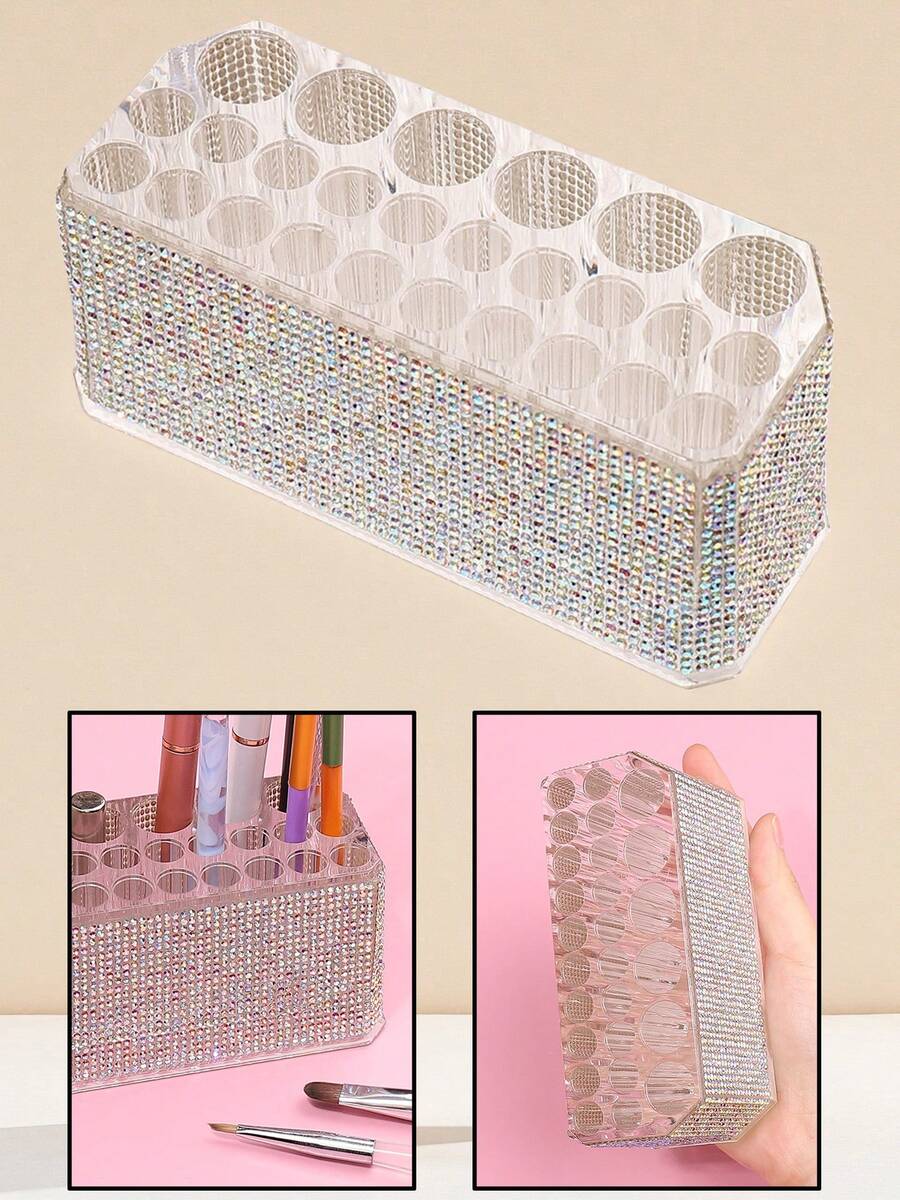 Rhinestone Acrylic 26-Hole Makeup Brush Holder, Nail Art Pen Organizer, Large Transparent Eyebrow/Eyeliner Pencil Storage Box - Multicolor - View 1
