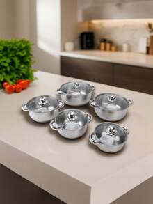 Batería cocina 4 piezas set cacerolas y sartén acero inoxidable utensilios comedor hogar resistente distribución calor uniforme compatible estufa horno diseño elegante - Plateado - Ver 4