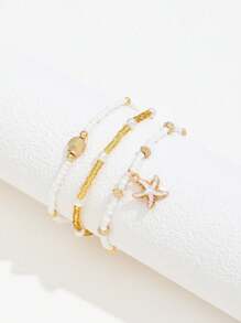 3pcs Women's Simple White Bead Pearl, Golden Starfish & Shell Anklet, Suitable For Everyday Wear And Vacation Travel