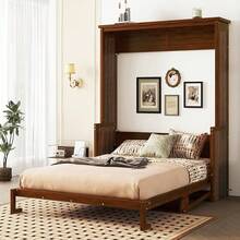 KEIKI Queen Size Murphy Bed With Desk, Wood Horizontal Wall Bed Cabinet With Gas Struts, Space-Saving Folding Bed For Guest Room, Bedroom, Living Room, Walnut - 棕色 - 查看 5