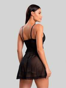 Louise Tulle Nightgown With Front Slit And G-String - Black - View 4