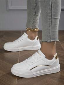 Ladies' Casual Sporty Skateboarding Shoes With Gold Decorative Details And Laces