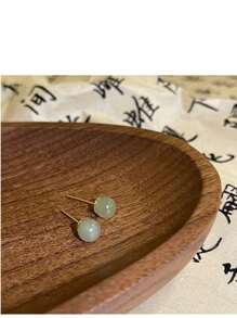 1pc S925 Silver & Jade Stone Vintage Earrings, Petite Delicate 8mm Jade Hoop Earrings For Women, Versatile Minimalist Design