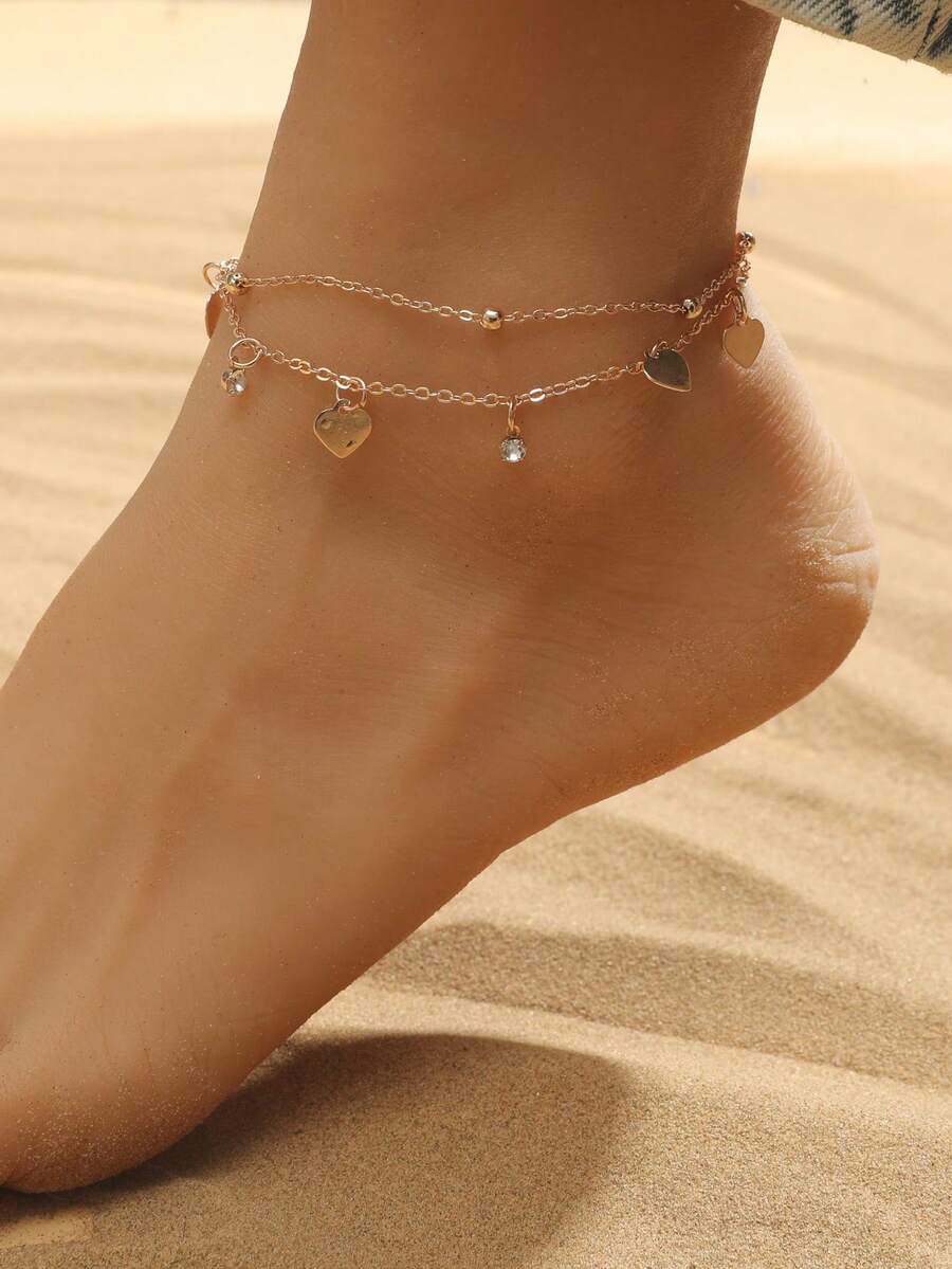 1pc Multi-Layer Heart Bell Tassel Anklet, Versatile Beach Travel Accessory For Women - Yellow Gold - View 1