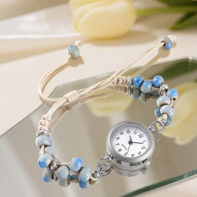 Reloj de pulsera de cuarzo con cuentas de cerámica ajustable para mujer, estilo retro casual, esfera pequeña y delicada, regalo de vacaciones y cumpleaños
