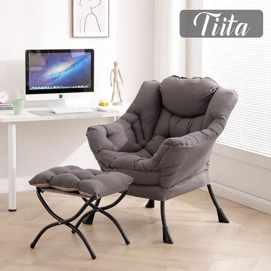 Modern Large Lazy Chair With Ottoman - Recliner Armchair & Reading Chair For Bedroom, Living Room, Dorm & Garden - Dark Grey - View 1