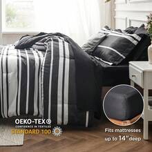 Queen Comforter Set 7 Pieces, Black Striped Bedding Set For Queen Size Bed Reversible, Cationic Dyeing Bed In A Bag With Comforter, Sheets, Pillowcases & Shams - 黑色 - 查看 7