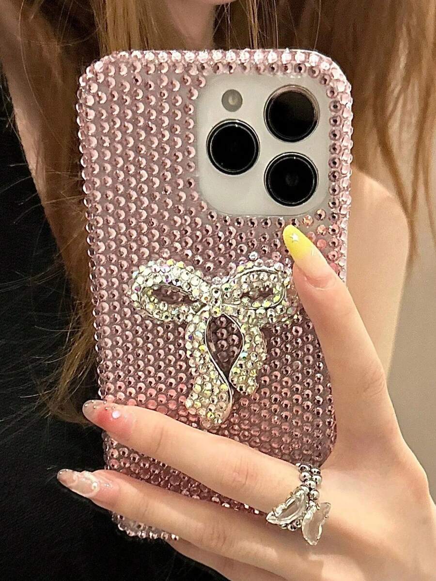 Bow-Knot Creative Minimalist Fashion Glass Crystal Wrapped Bowknot Phone Protective Case, Compatible With IPhone 16 Pro Max/15 Plus/XR, Anti-Drop Shiny Cover For Women