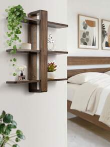 Estante de Pared de Madera Color Nogal, Estante Flotante, Estantería Colgante Grande, Estantería Decorativa de 3 Niveles de Madera Maciza para Salón y Dormitorio, Baldas Desmontables, 50x58 cm