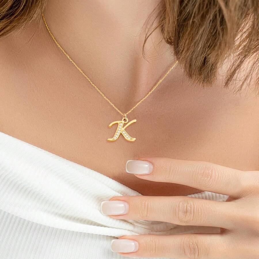 1pc Simple Initial Pendant Golden Stainless Steel Chain Necklaces For Women - Yellow Gold - View 1