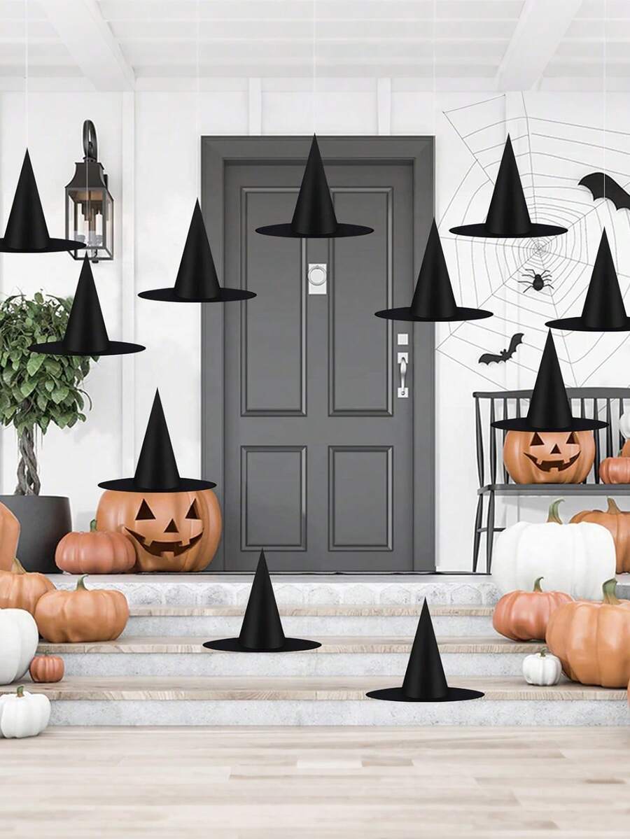 2/6/12 PIEZAS Decoraciones de Halloween Sombreros de bruja Accesorio de disfraz, Sombrero de mago negro grueso con cuerda para colgar a granel para mujeres y niños para decoración de porche, interior, exterior, fiestas, hogar, otoño, habitación - Multicolor - Ver 1