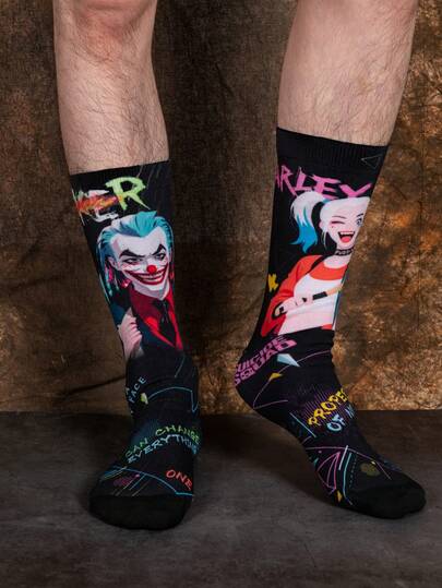 DC Comics 1双哈莉·奎茵超级卡通动画袜子，男士长筒袜，情侣圣诞节和万圣节趣味袜子，欢乐又疯狂，礼品装