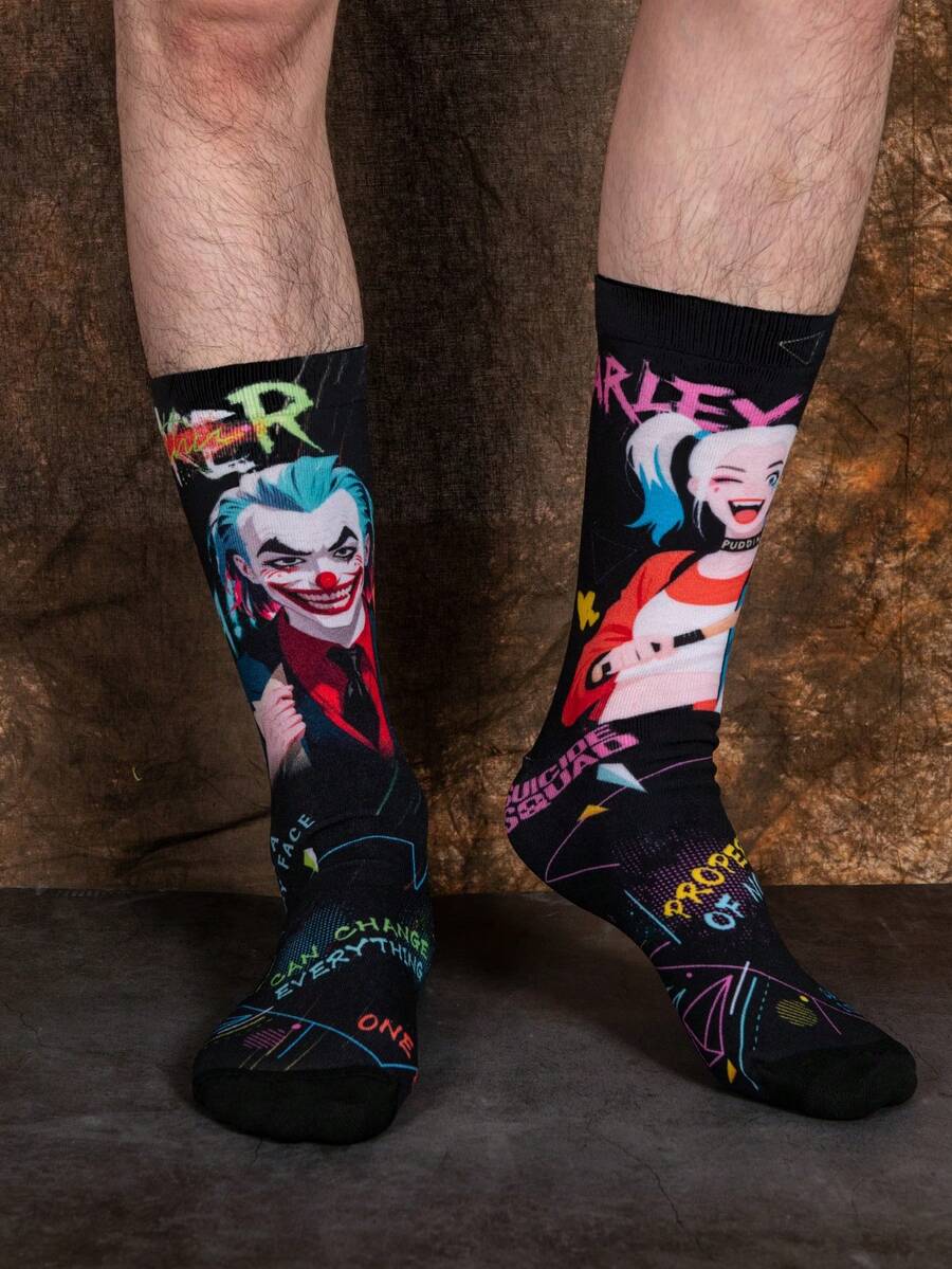 DC Comics 1双哈莉·奎茵超级卡通动画袜子，男士长筒袜，情侣圣诞节和万圣节趣味袜子，欢乐又疯狂，礼品装 - 彩色 - 查看 1