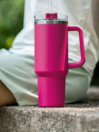 1 Pc, 40 Oz Stainless Steel, With Handle And Straw Cover, Reusable Insulated Double Wall Stainless Steel Water Bottle, Travel Cup, Ice Coffee Cup, Gift For Women, Can Hold Ice Drinks And Hot Drinks In Water Cup