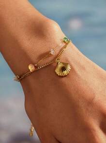 1 pieza Pulsera con dije de concha, pulsera de estilo bohemio de piedra natural para damas
