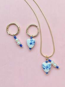 3pcs/Set Fashion Blue And White Porcelain Heart Shaped Stainless Steel Necklace Faux Pearl Earrings The Suit Is Suitable For Girls To Wear On A Daily Basis Vacation Atmosphere Gift